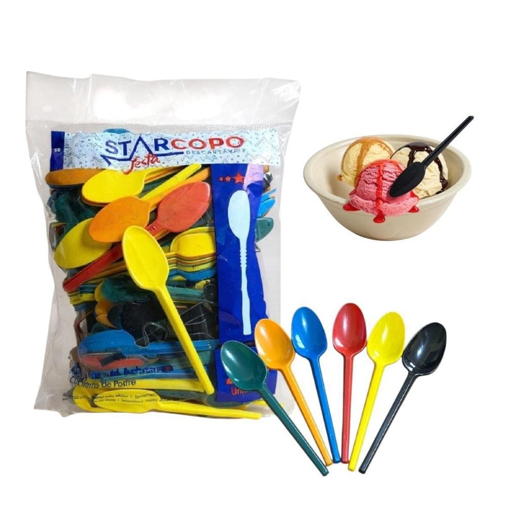 Kit Com 200 Colheres De Sobremesa Descartável Colorida Festa