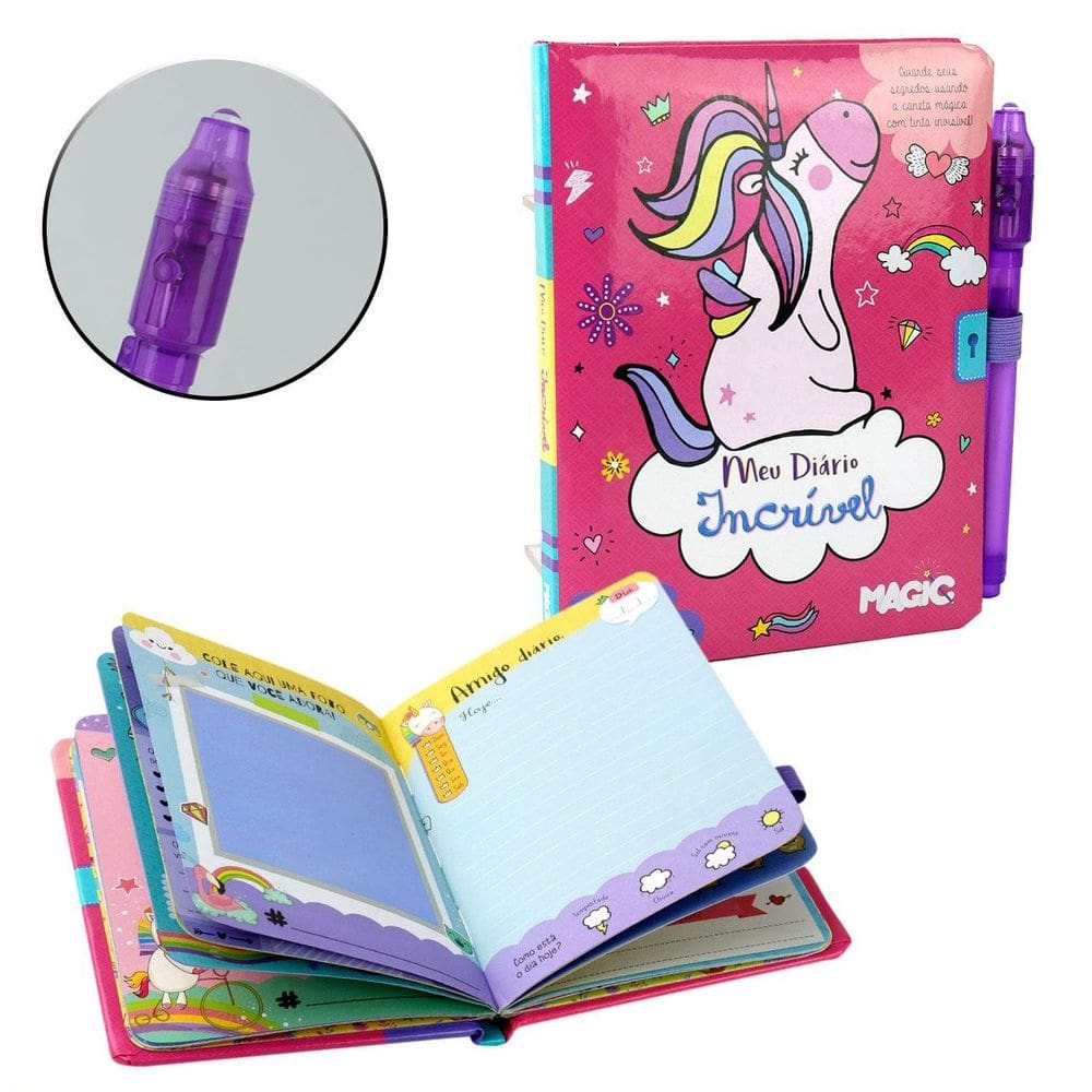 Diário Secreto 48 FL com Caneta Mágica P Unicórnio - Tudo em Caixa