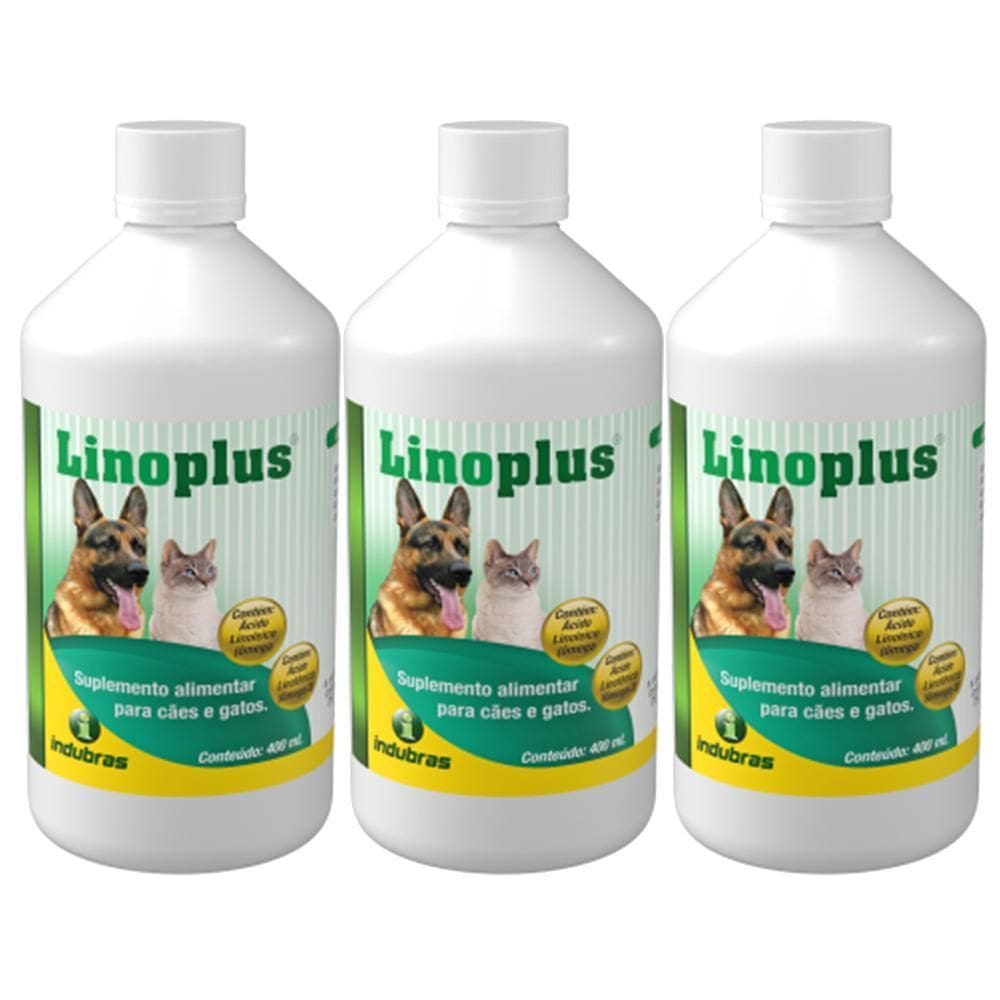 Kit 3X Linoplus 400 Ml Indubras Suplemento Para Cães E Gatos