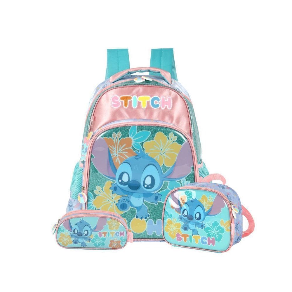 Kit Mochila Stitch Costas Lancheira E Estojo Triplo Turquesa