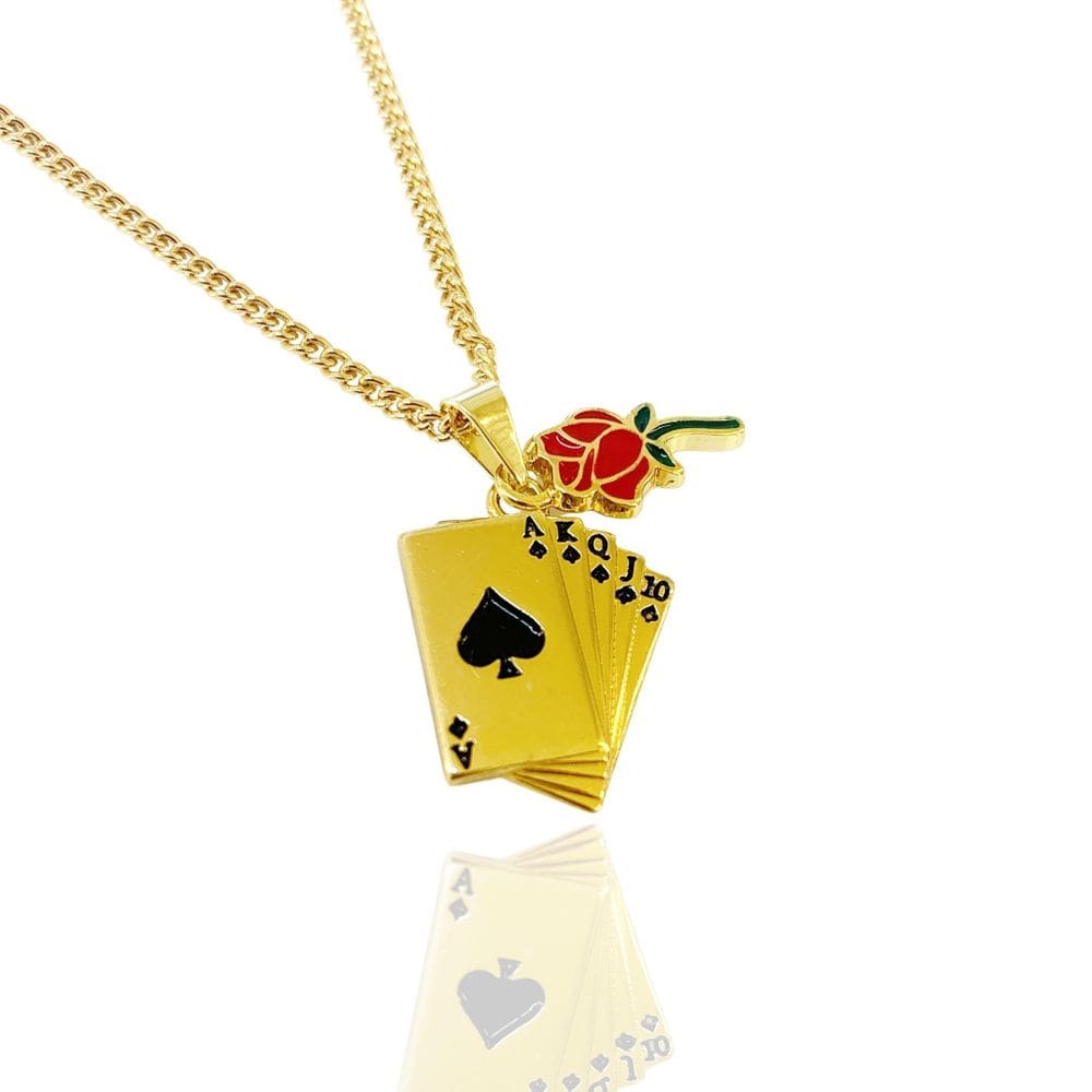 Colar Laroiê Maria Navalha Dourado-Baralho E Botão De Rosa