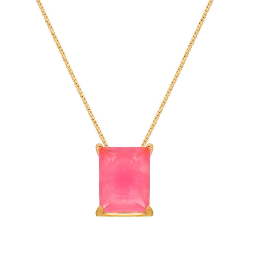 Colar Dourado De Pedra Retangular Rosa