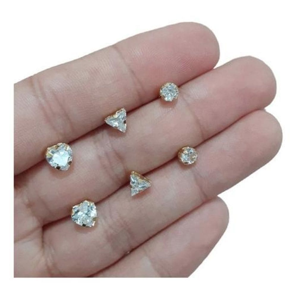 Trio De Brinco Pedra Zirconia Coração Triângulo Luz 3 Pares