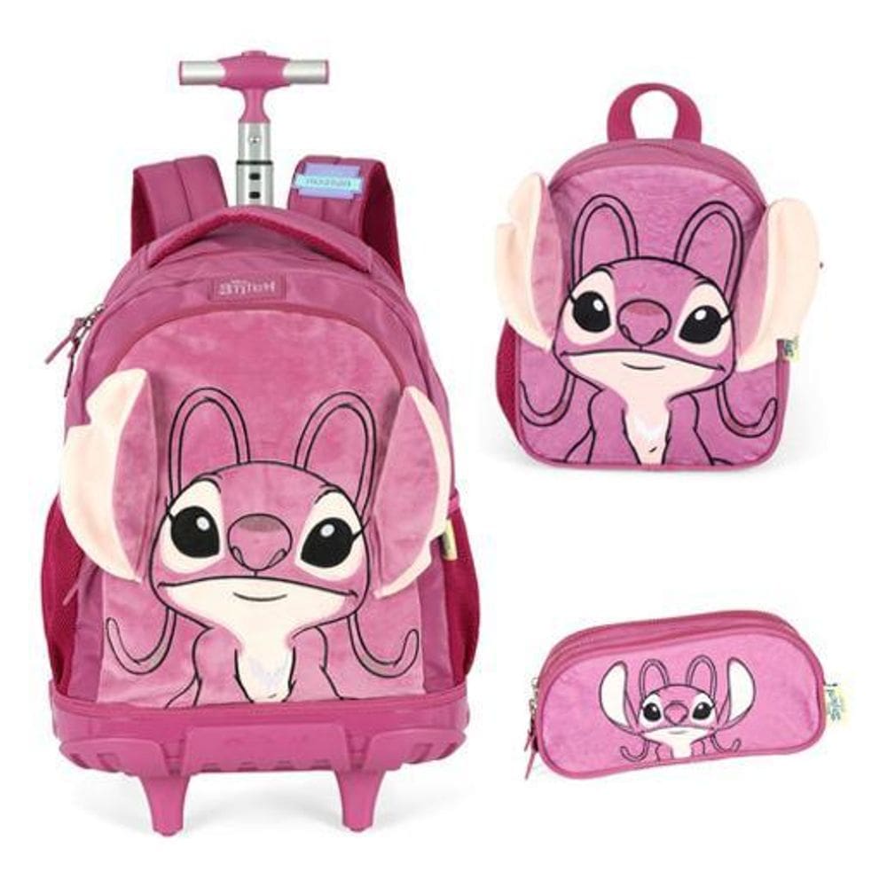 Kit Mochila Com Rodinhas  Stitch E Angel Orelha 3D