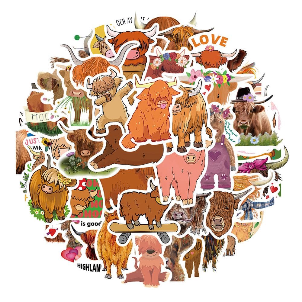 Adesivos Highlands Cow Anime, pacote de 50 peças, desenho animado decorativo