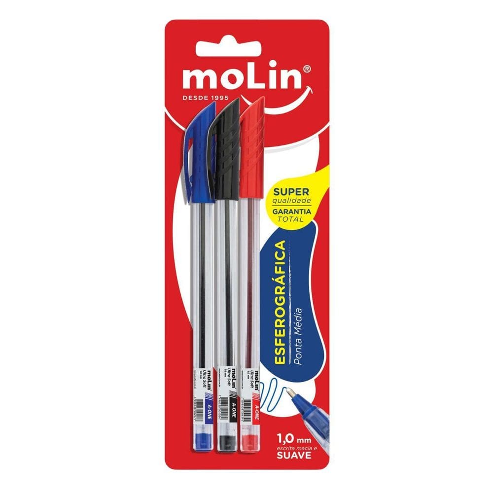 Caneta Esferográfica A-One 1.0Mm Molin Kit 3 Cores