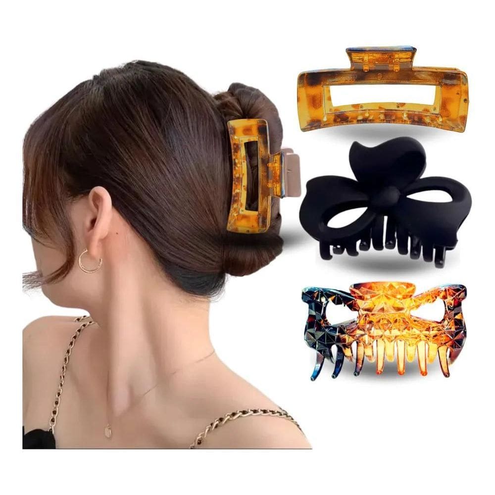 2X 03 Prendedor De Cabelo Piranha Luxo Grande Acrílico