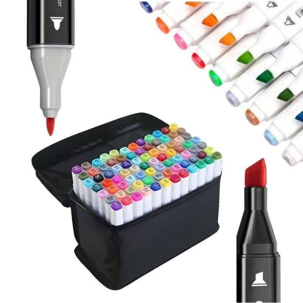 Kit Caneta Marcador Permanente Ponta Dupla 100 Cores + Bolsa