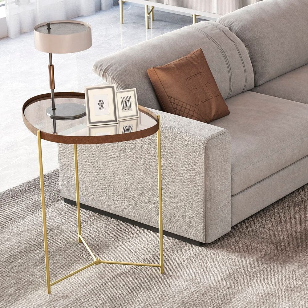 Mesa Lateral com Borda em Couro Sintético com Espelho com Pés em Ferro Castanho/Dourado