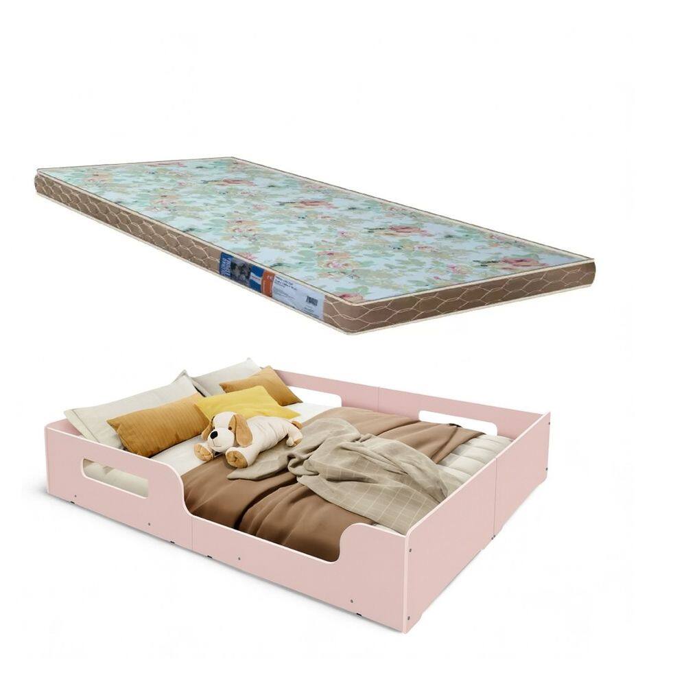 Cama Casal Montessoriana Infantil Princesa Grade de Proteção Lateral + Colchão D23 -Rosa