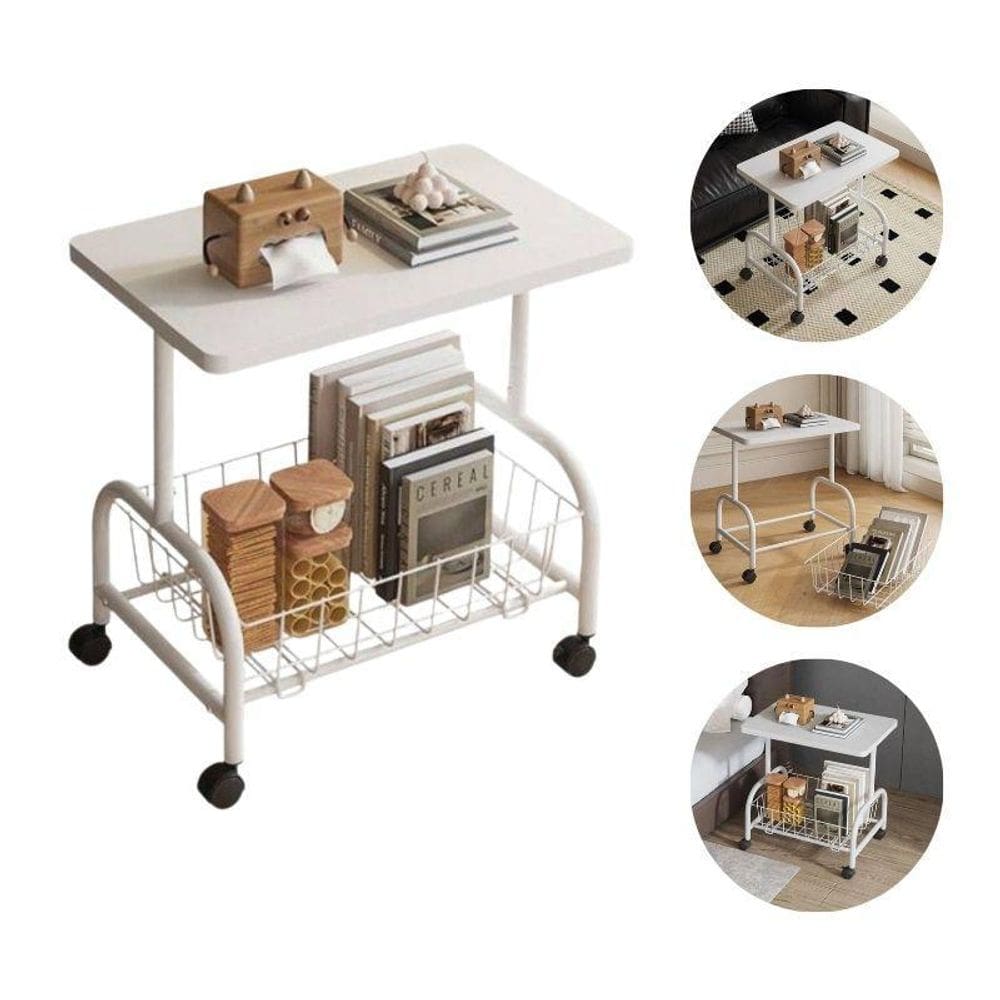 Mesa Branca Lateral De Apoio Multifuncional Com Rodinhas