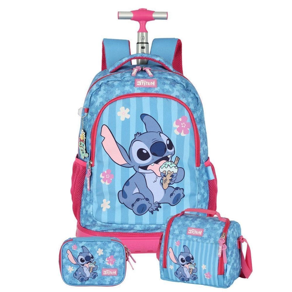 Kit Mochila Stitch Rodas Lancheira E Estojo Box Escolar Kids