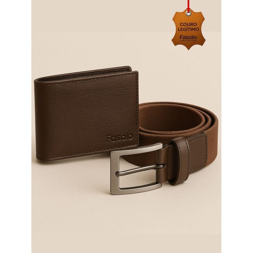 Kit Masculino Fasolo Carteira Fina E Cinto Couro Cafe 115