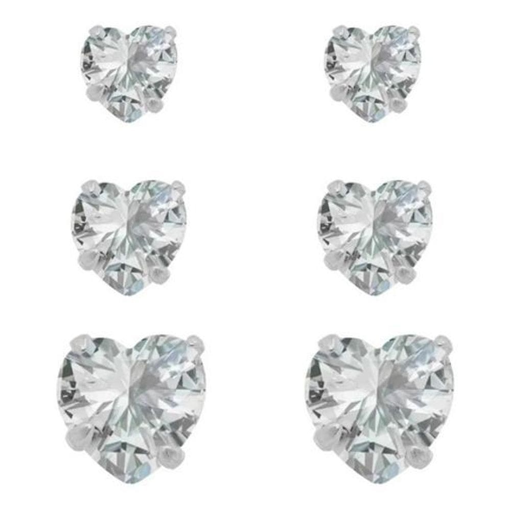 Trio Brinco Pedra Zirconia Coração Prata 925 3 4 5 Mm