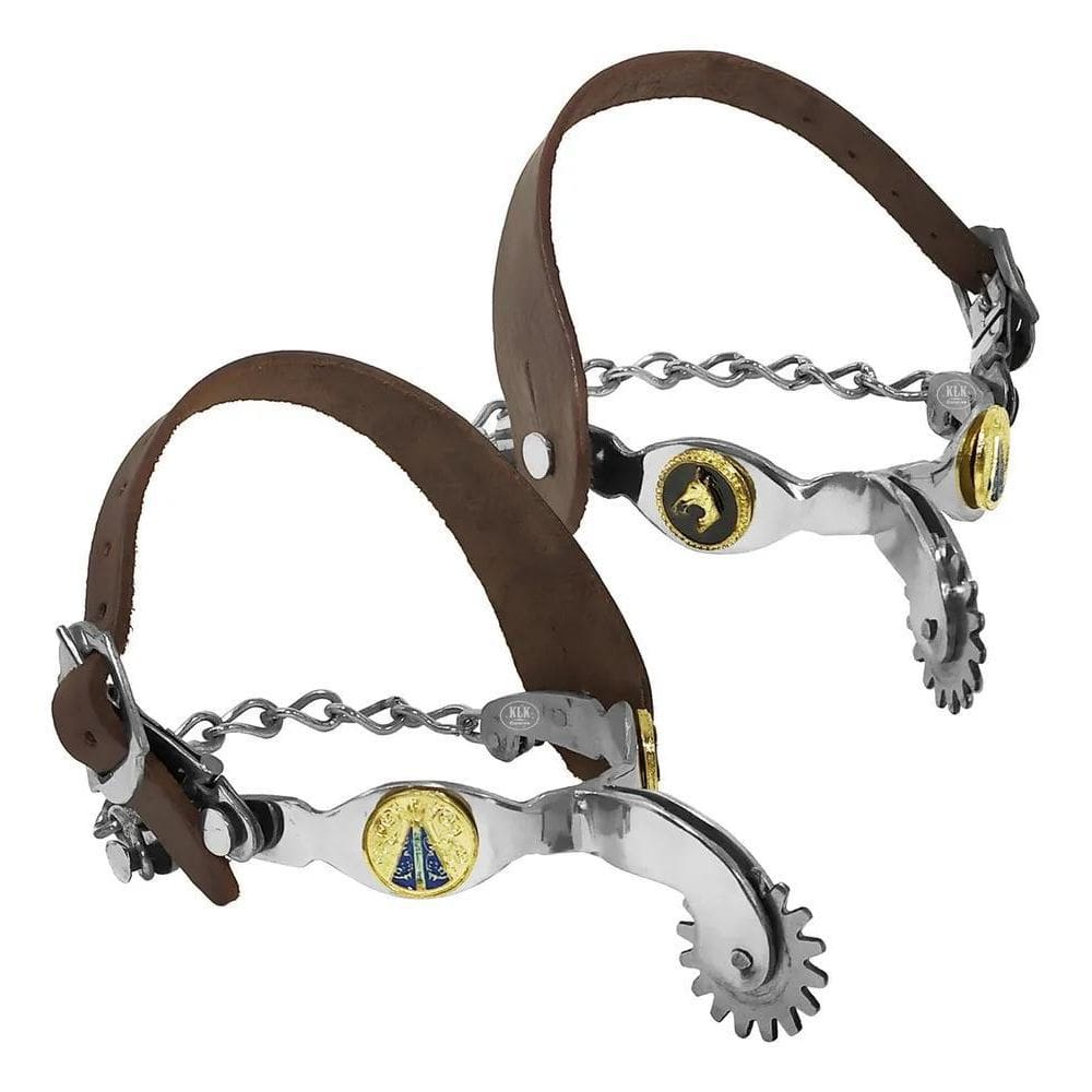 2X Espora Inox N.S. Pingente Cavalo Correias Couro Santinho