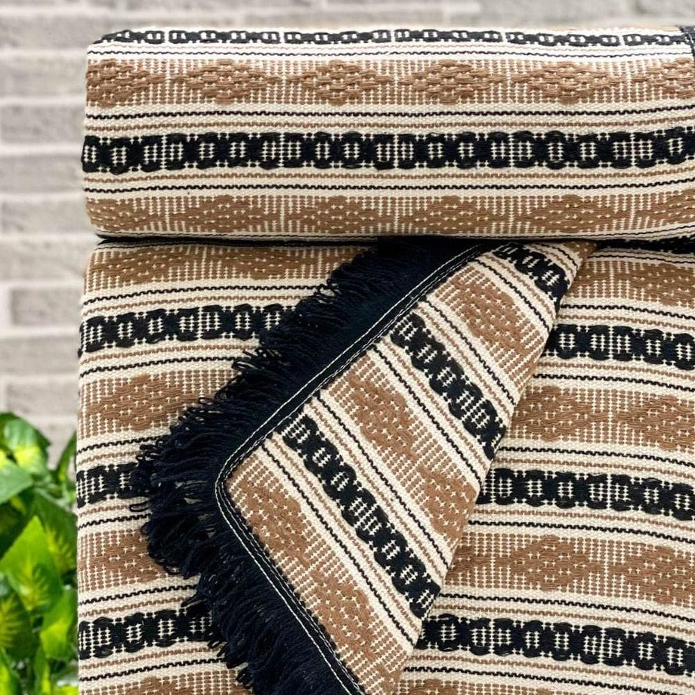 Manta Diamante Super King 100% Algodão 260x250 Listra Bege Com Franja Preta