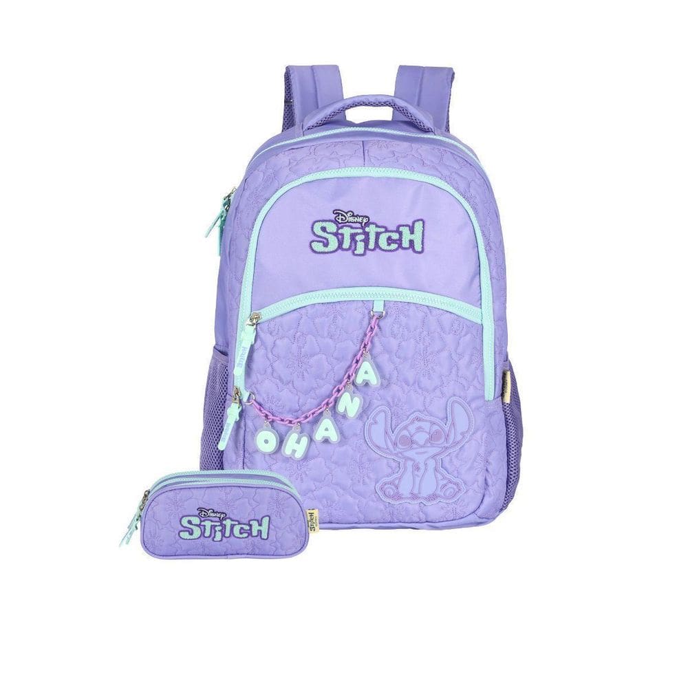 Kit Mochila Stitch Costas E Estojo Triplo Escolar Kids Roxo