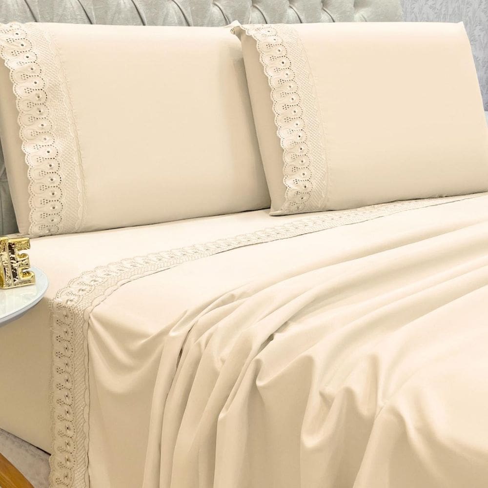 Jogo Cama Box Queen Lily 300 Fios Bordado Inglês Extra Macio