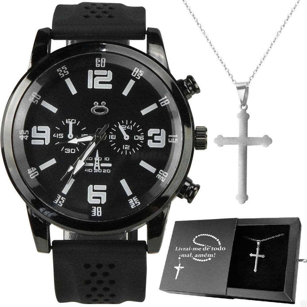 Relogio Masculino Aço Preto + Colar Crucifixo Prateado