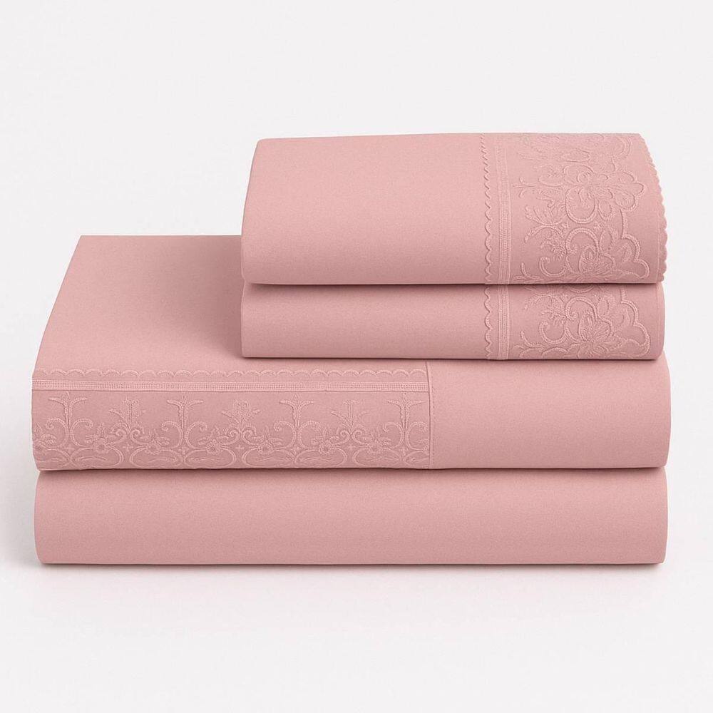 Jogo Cama Casal 4Peças Bordado Inglês Exclusive Vivaldi Rosa