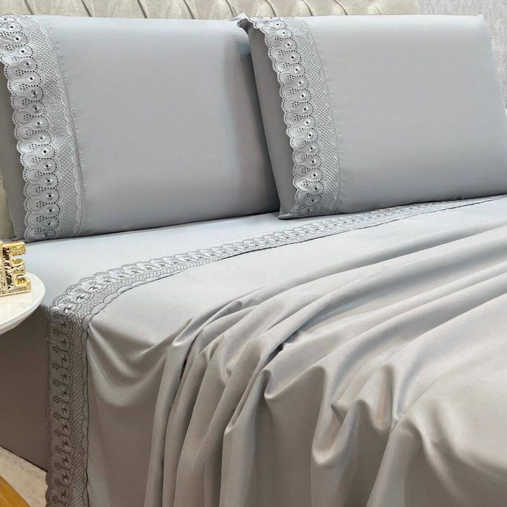 Jogo Cama Box Queen Lily 300 Fios Bordado Inglês Extra Macio