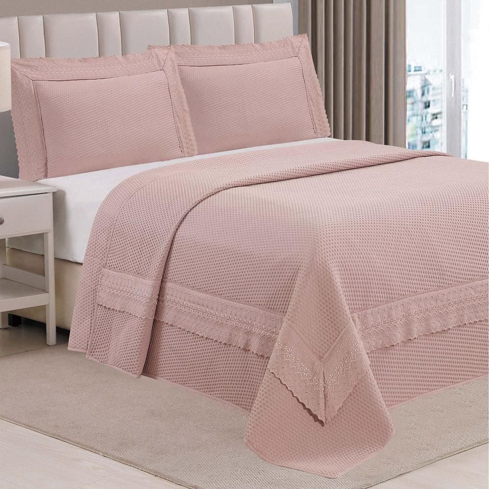 Kit Cobre Leito Colcha Jovial Queen Dupla Face 3 Peças Rosê