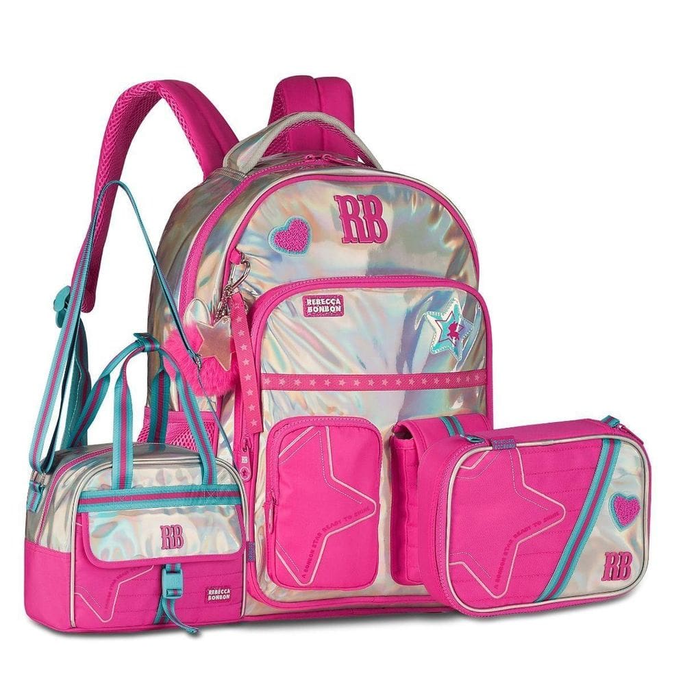 Kit Rebecca Bonbon Holográfico Mochila Lancheira Estojo Rosa