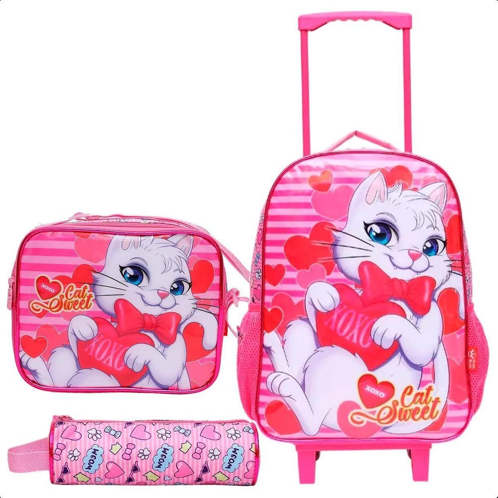Kit Mochila De Rodinha Menina Estojo Lancheira Gata - Rosa