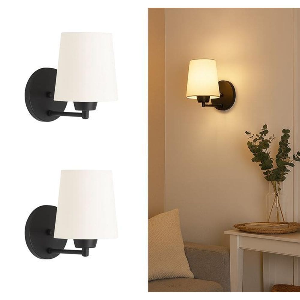 Kit2 Arandelas Preta Cúpula Cone Tecido Cru Quarto/Cabeceira