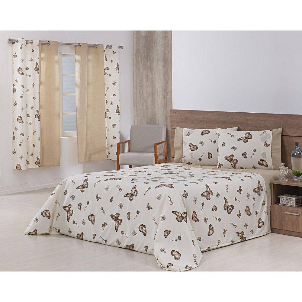 Jogo Lençol 4Pç Cama Viúva 203X120X30180Fios Borboletascáqui