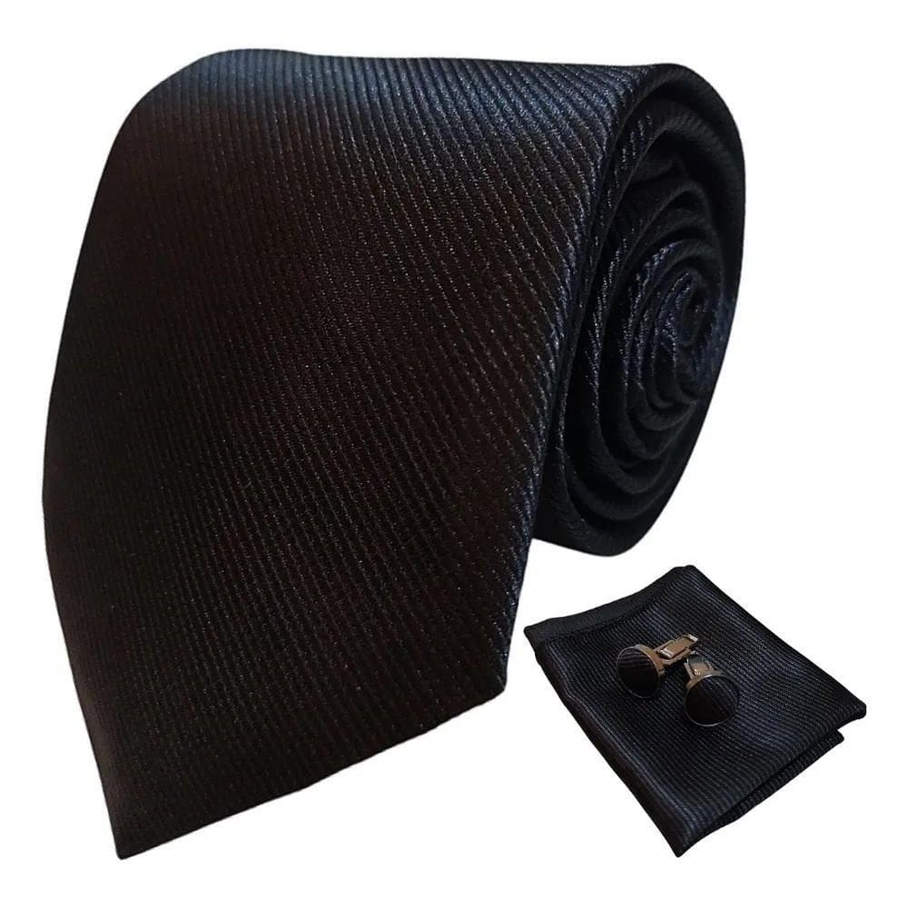 2X Kit Gravata Social Com Lenço E Abotoadura Tradicional