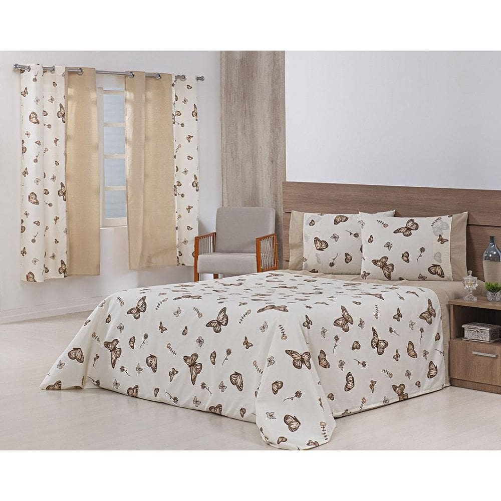 Jogo Lençol 4Pç Cama Viúva 188X128X30180Fio Borboletas Cáqui