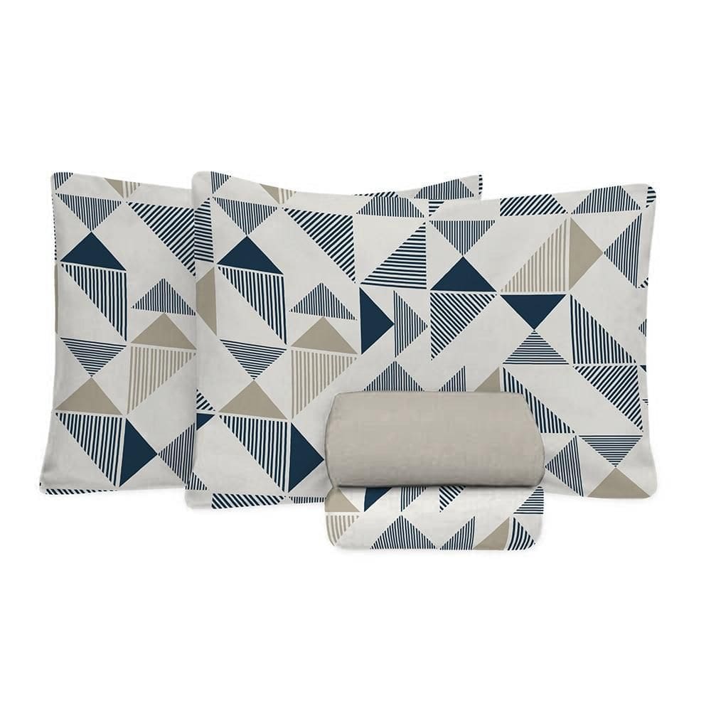 Jogo Cama King 4 Peças Algodão 150 Fios Geo Azul Estamparia