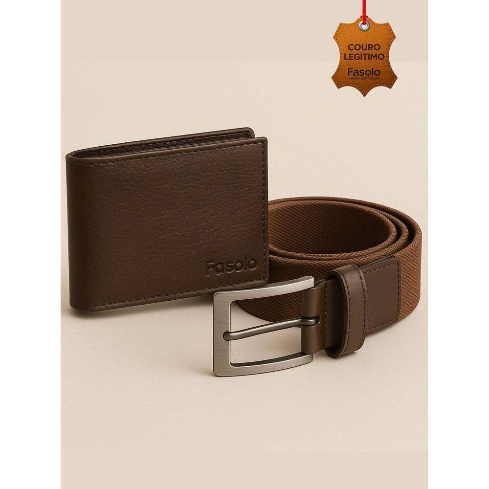 Kit Masculino Fasolo Carteira Fina E Cinto Couro Cafe 90
