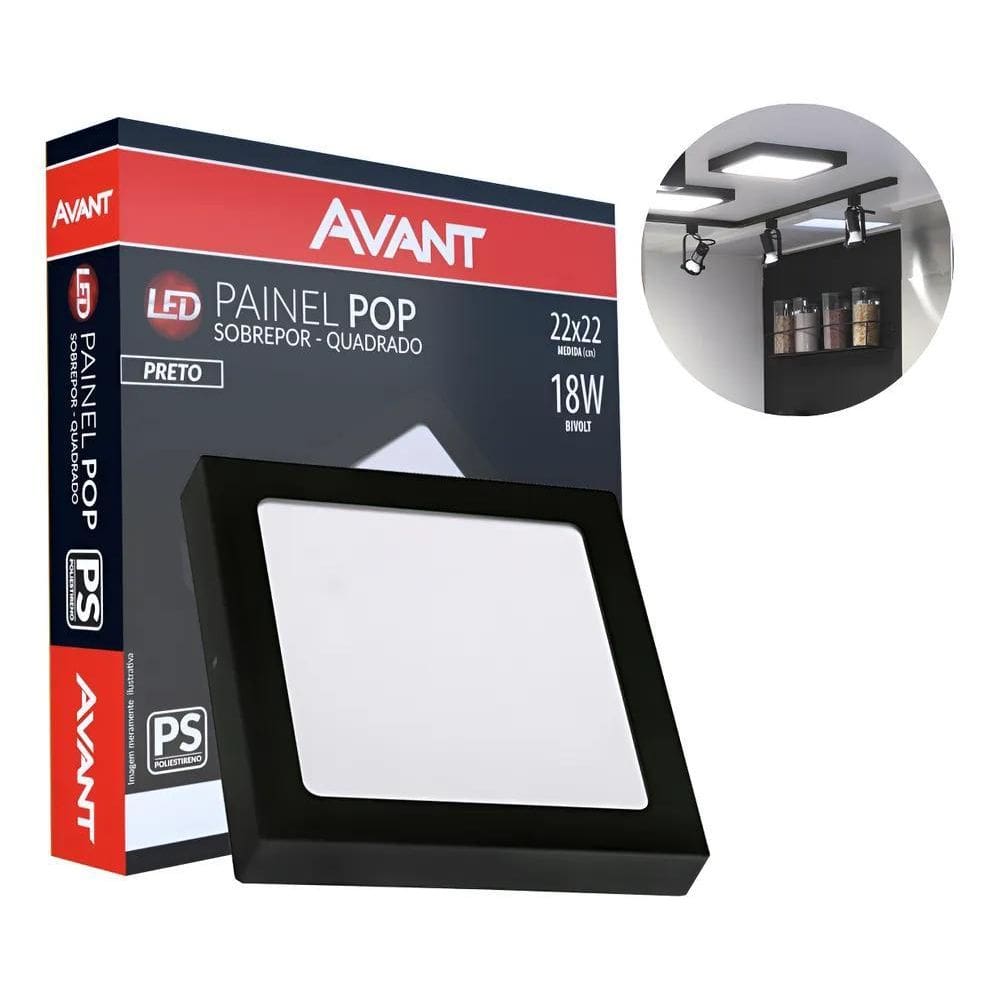 2X Plafon Led Quadrado Sobrepor Branco Painel 18W Slim Preto