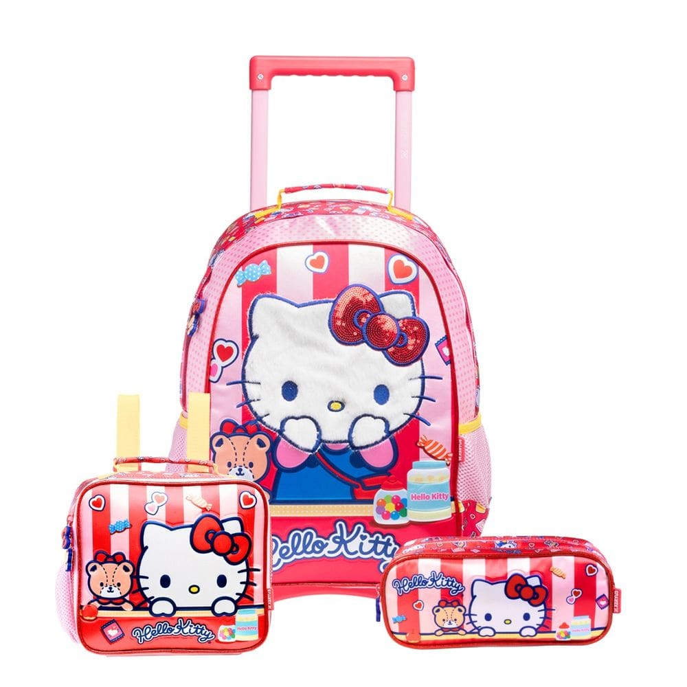 Mochila Rodas Hello Kitty Lancheira Térmica Estojo Duplo