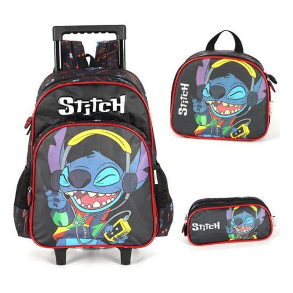 Kit Mochila Carrinho Lancheira Estojo Stitch Disney