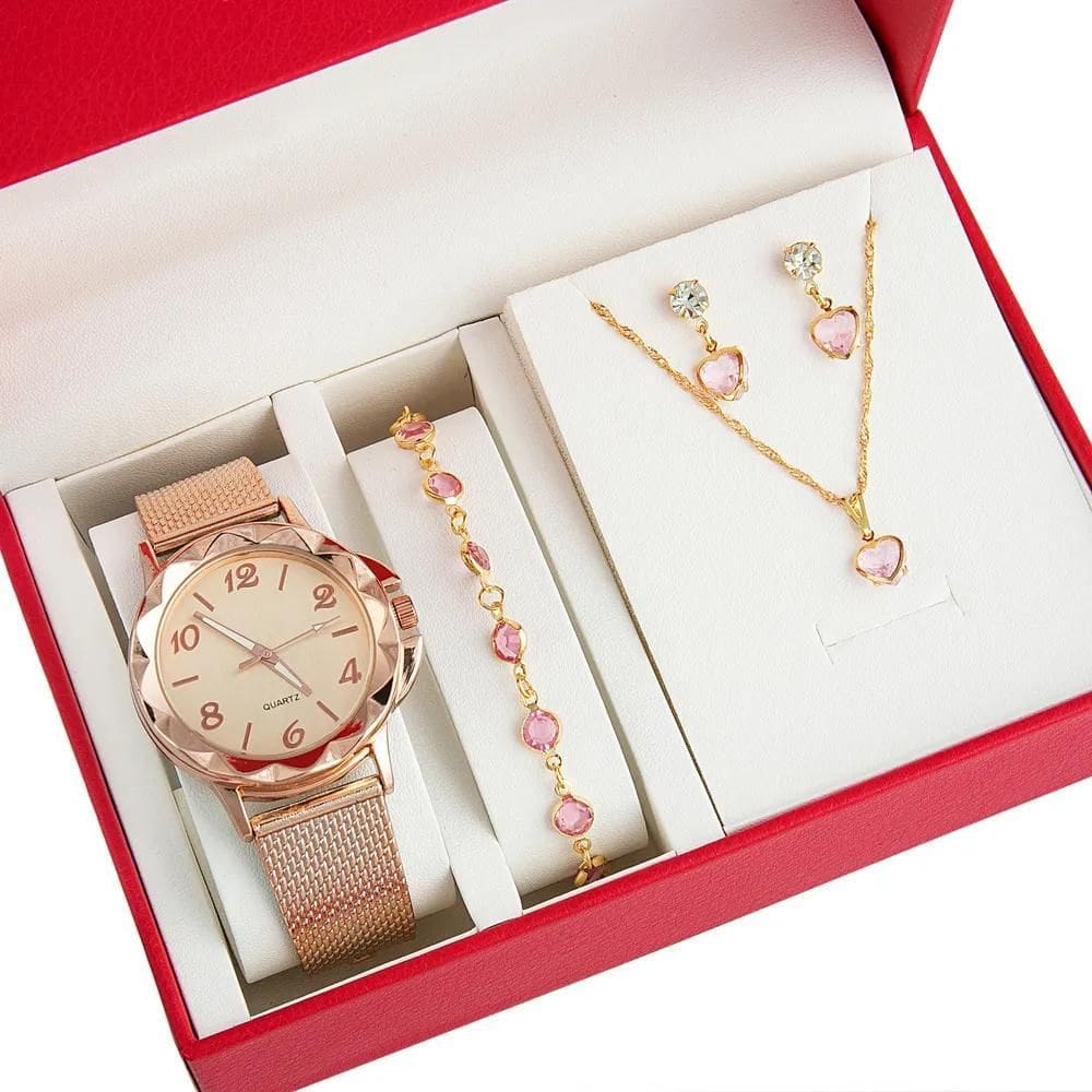 Relógio Feminino+ Kit Colar Brincos Pulseira Folheado A Ouro