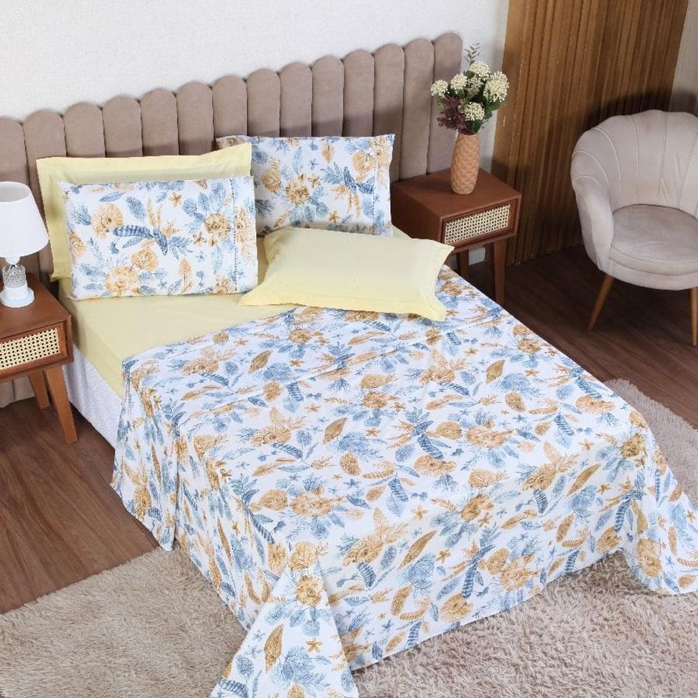 Jogo Cama Queen 6P Lençol + Fronha Esmeralda Percal 100%