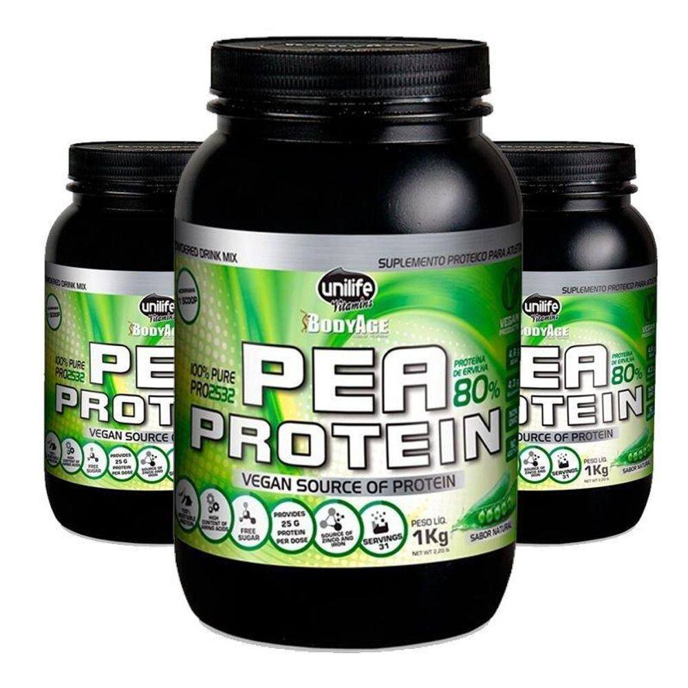 Kit 3 Pea Protein 1Kg Proteína Vegetal Unilife Natural
