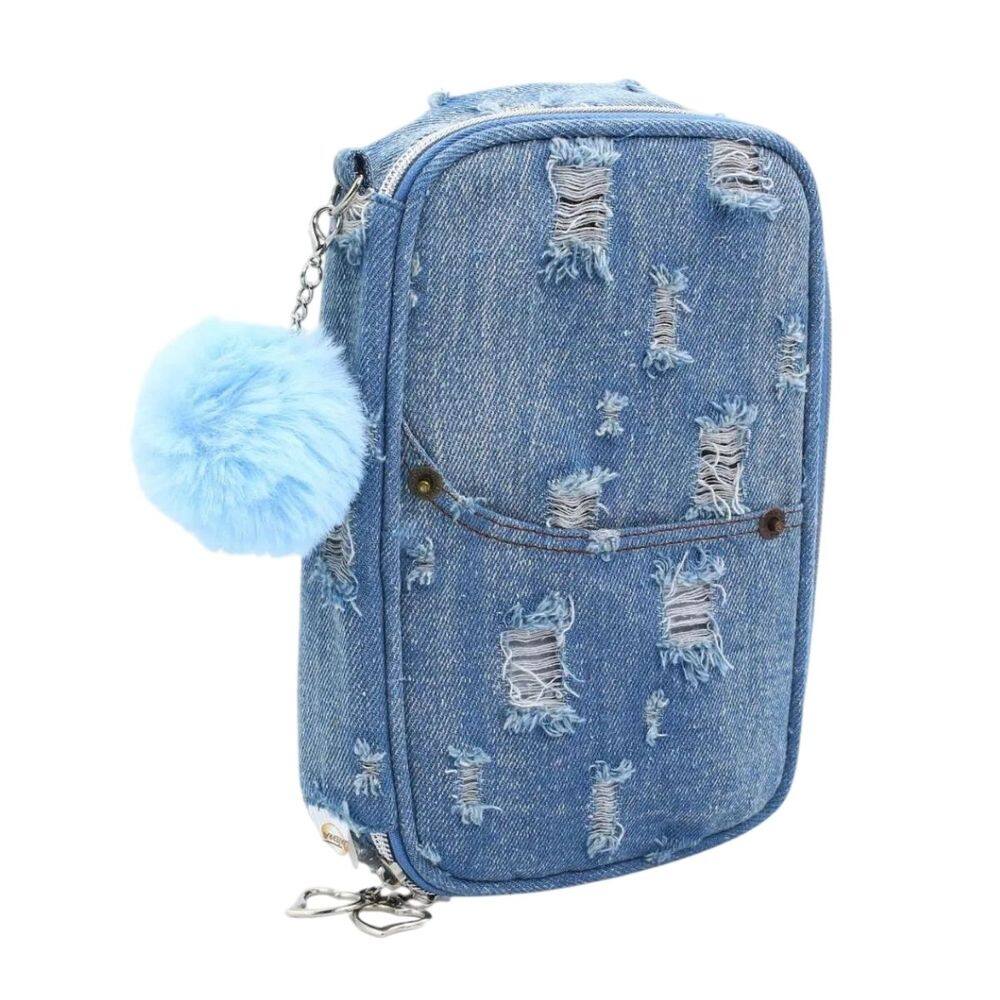 Estojo Escolar Grande Moderno Jeans Divisórias Pompom Azul Resistente Menino Menina Organizador Fofo