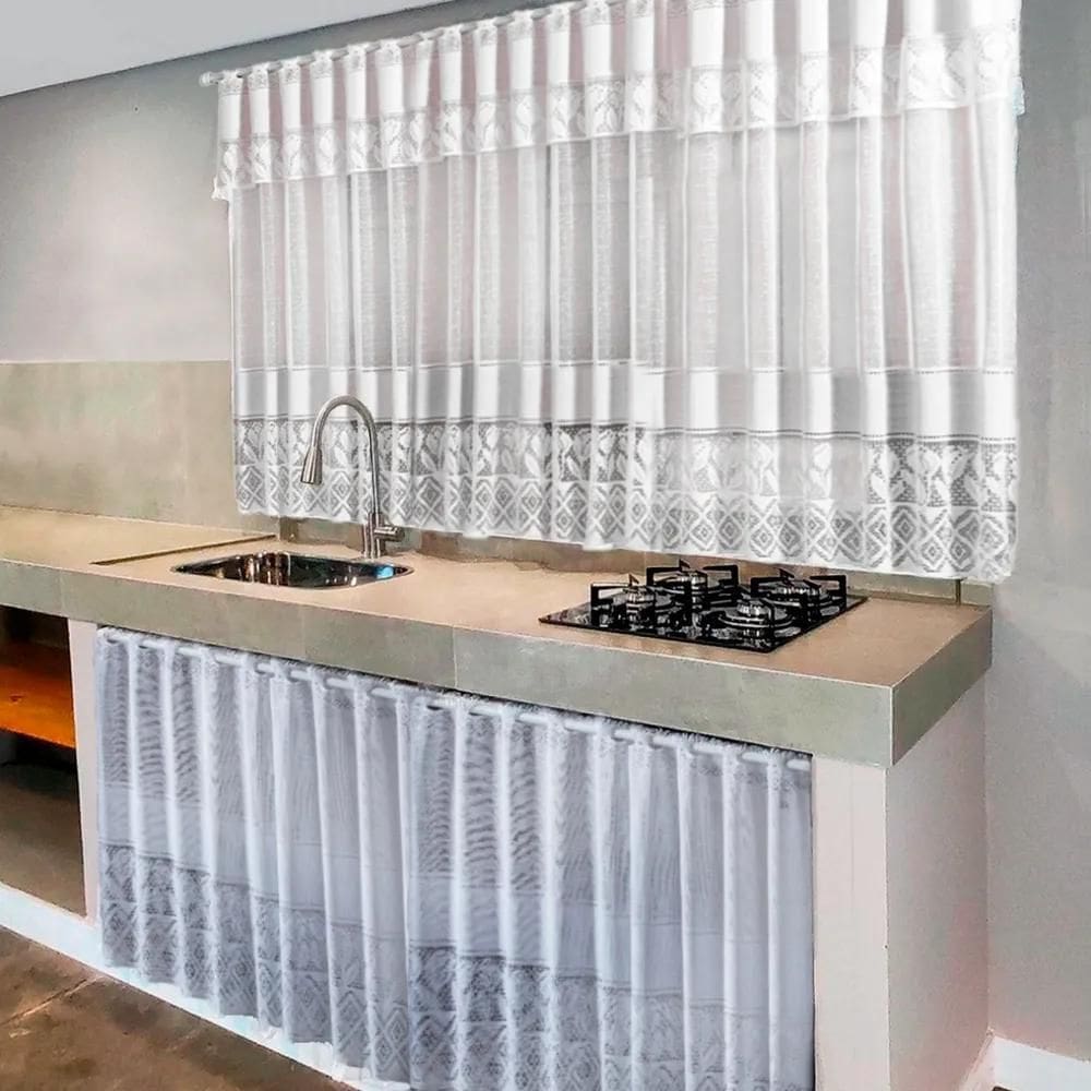 2X Kit Cortina Pia + Cortina Janela 2X1,2 Renda Branca Cor B