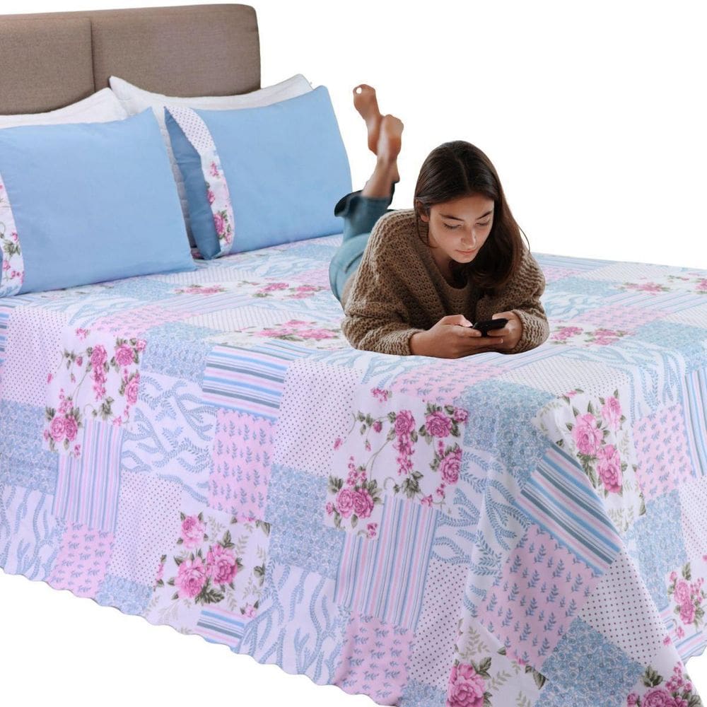 Kit 3 Pçs Cobre Leito Colcha Casal Queen Bel Estilo Conforto