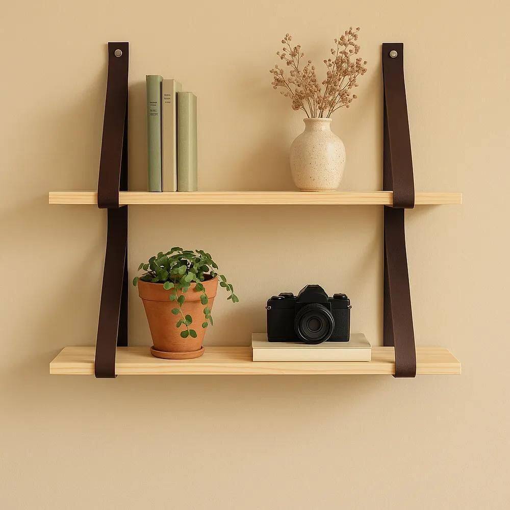 2X Kit 2 Prateleira Madeira Maciça C/Alça De Couro 50X15