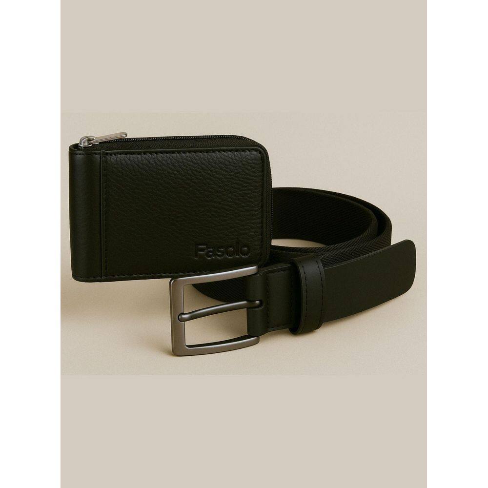 Kit Masculino Fasolo Carteira Zíper E Cinto Couro Preto 120