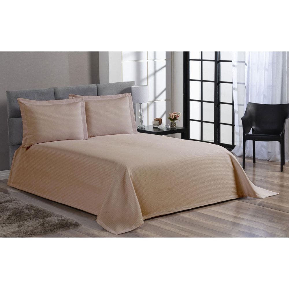 Cobre Leito Colcha Piquet Liso Casal Queen Bege 3 Peças