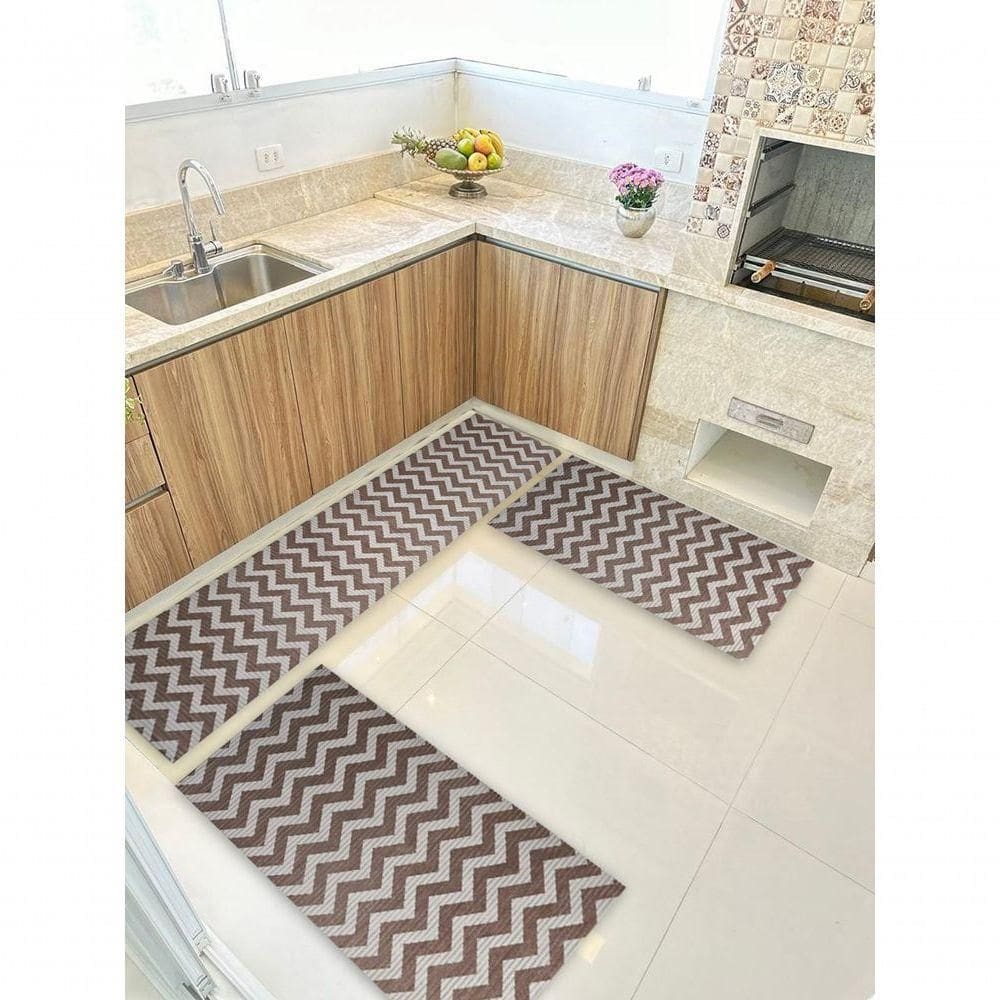 Kit 3 Peças Jogo Cozinha Passadeira Emborrachada Não Derrapa Zigzag Cinza Marrom
