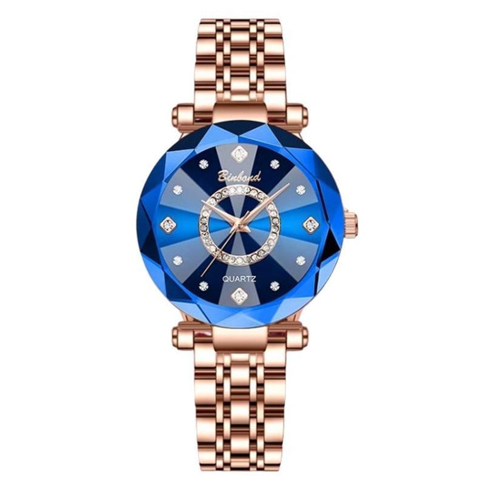 Relógio Binbond Pulseira Ouro Rosé Cristal Lapidado Azul
