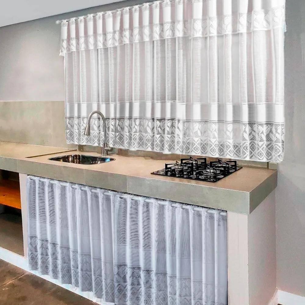 2X Kit Cortina Pia + Cortina Janela 2X1,2 Renda Branca Cor B