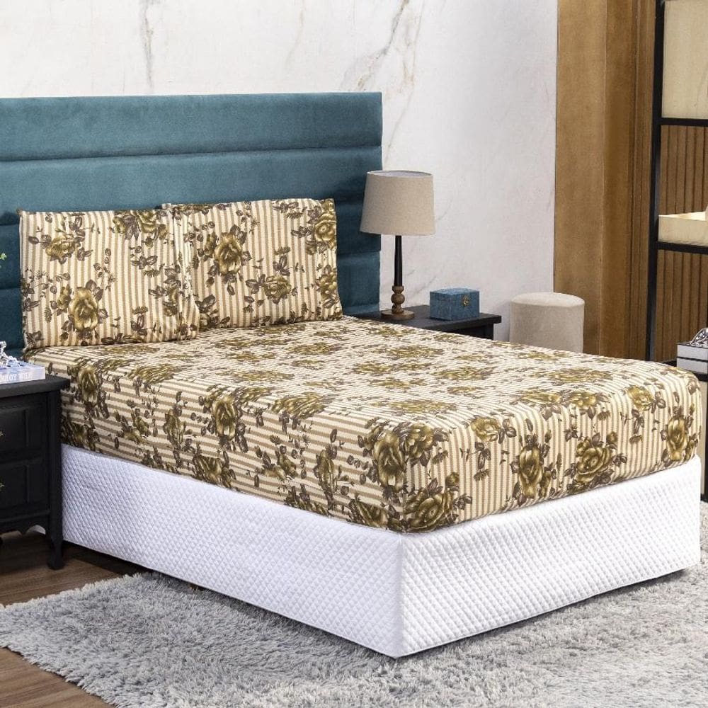 Jogo De Cama Queen Lençol E Fronha Prático Malha Estampa 3P